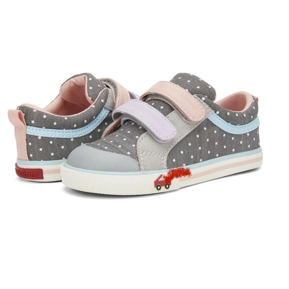 10.5 See Kai Run Gray and Pink Polka Dot Sneakers - Picture 1 of 5